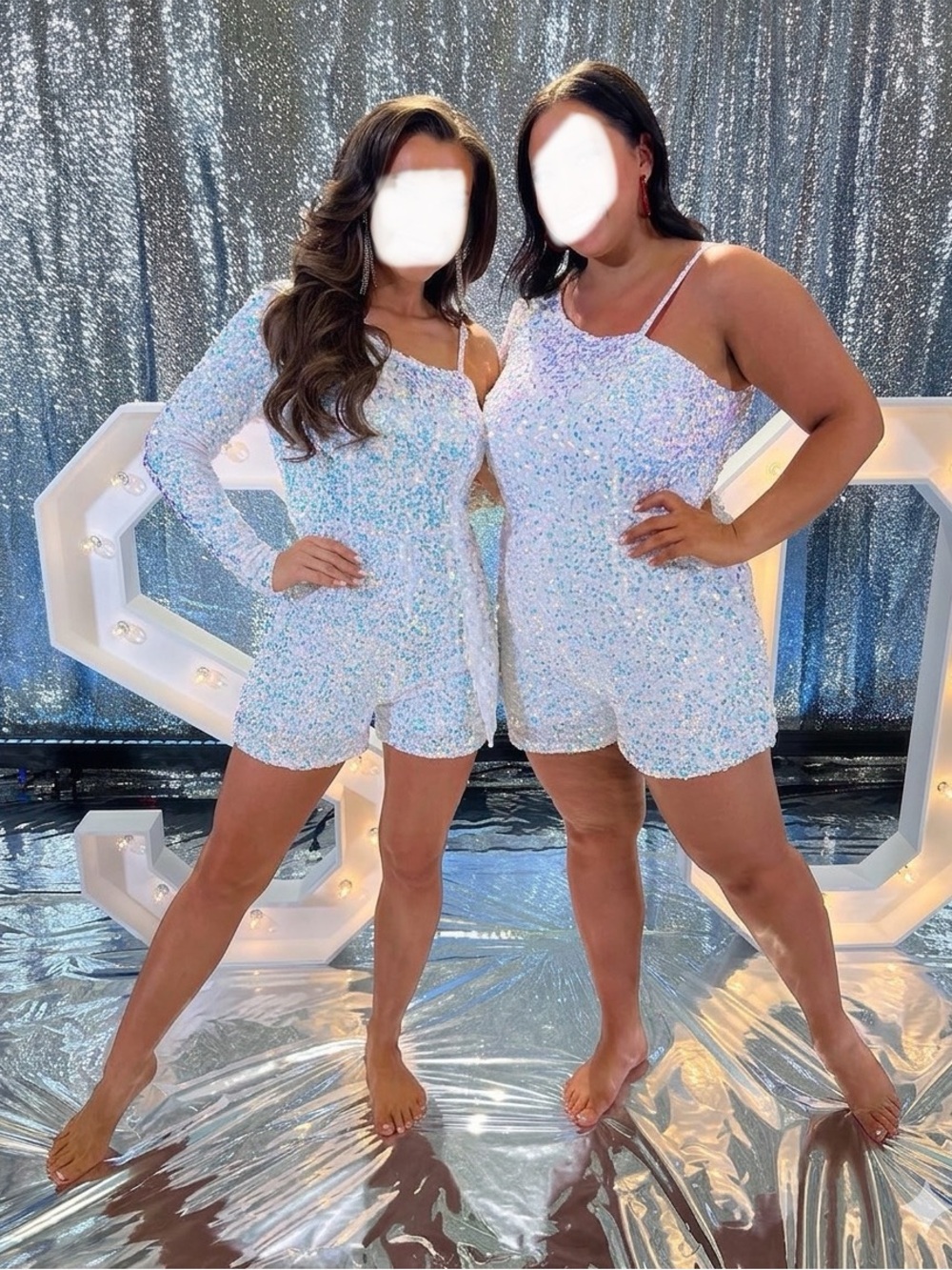 Sparkling Light Blue Sequin  Romper with One-Shoulder Style